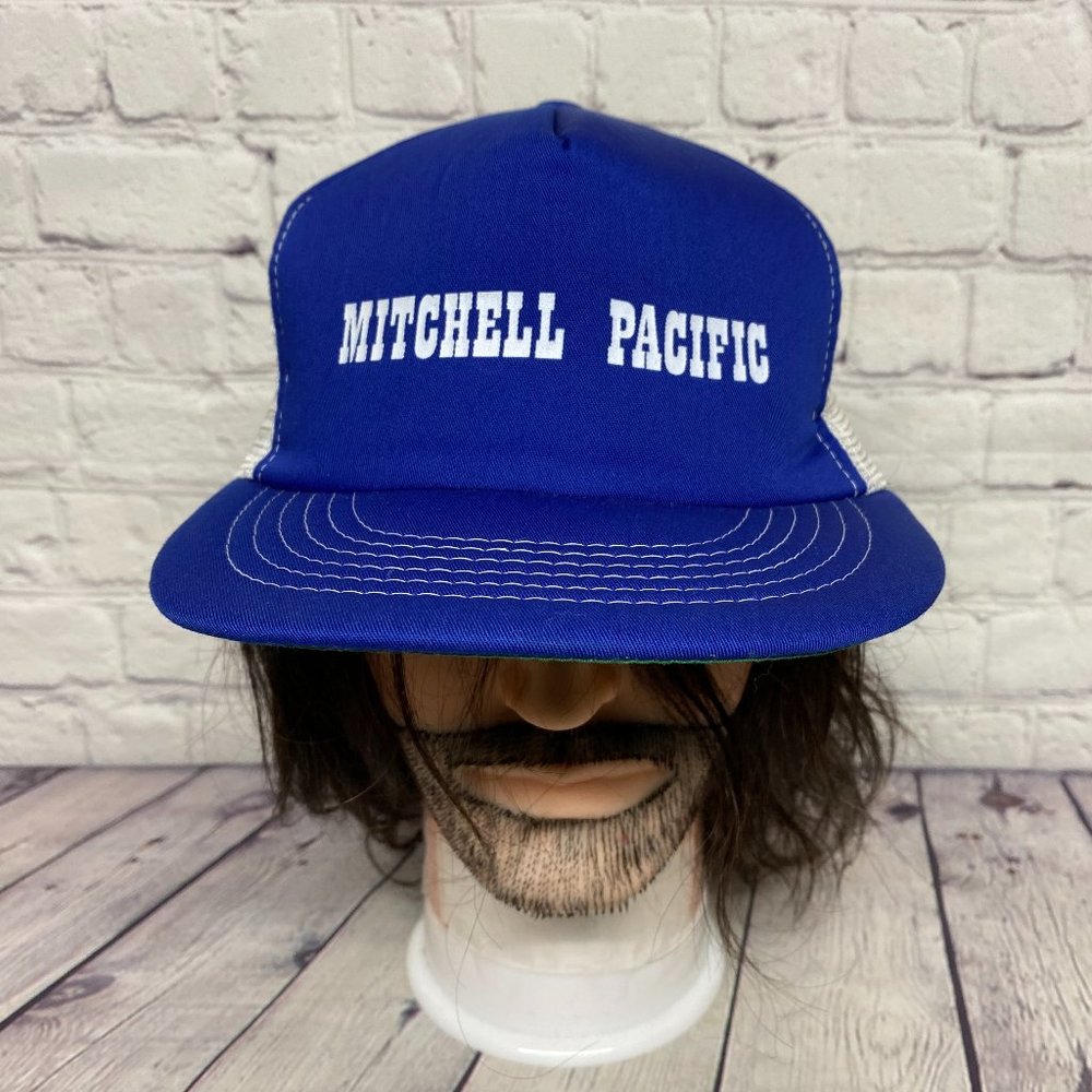Vintage Trucker Hat Mesh 80s Cap Blue White Mitchell Pacific One Size 1980s